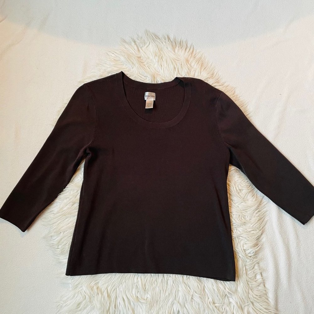 Chico's Womens‎ Brown 3/4 Sleeves Scoopneck Pullover Casual  Sweater Tops Size 2